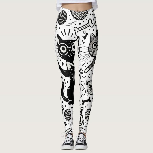 Grappige zwart-wit kattenpatroon Leggings (Voorkant)