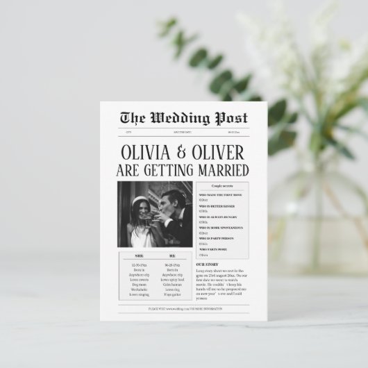 Grappige zwart-wit krantenfoto bruiloft briefkaart (Staand voorkant)