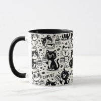 Grappige zwart-witte kat die koffie drinkt mok