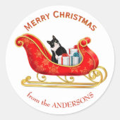 Grappige Zwart-Witte Kat Kerstslee Ronde Sticker (Voorkant)
