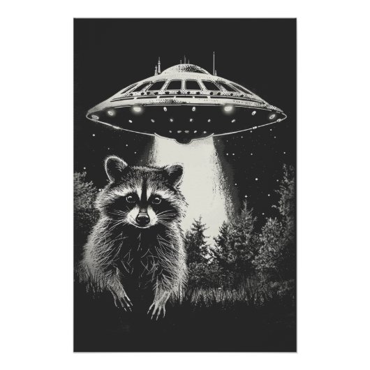 Grappige Zwart-Witte Ruimte Wasbeer UFO Perfect Poster (Voorkant)