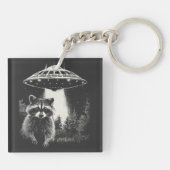 Grappige Zwart-Witte Ruimte Wasbeer UFO Sleutelhanger (Achterkant)