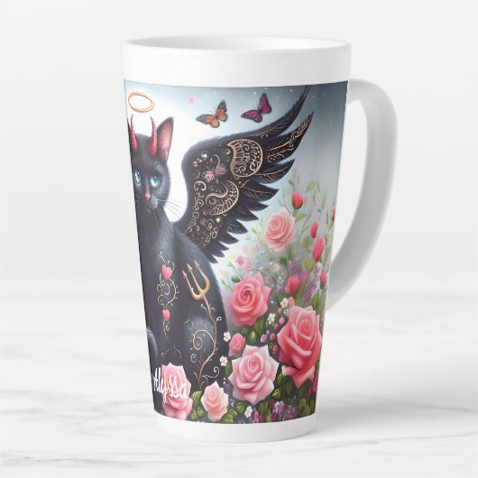 Grappige zwarte demon en engel kat latte mok (Rechterhoek)