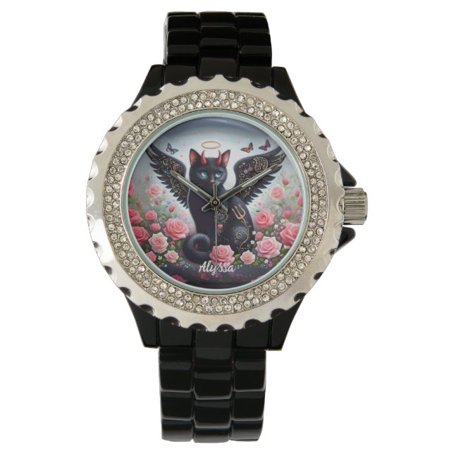 Grappige Zwarte Duivel en Engel Kat  Horloge (Voorkant)
