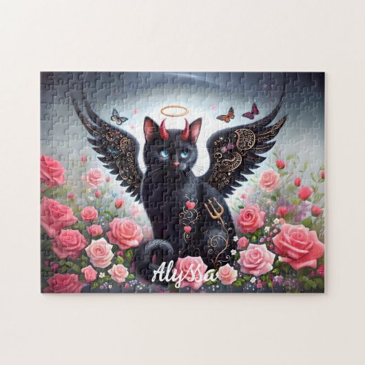 Grappige Zwarte Duivel en Engel Kat Legpuzzel (Horizontaal)