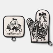 Grappige zwarte en witte kip ovenwant & pannenlap set (Voorkant)