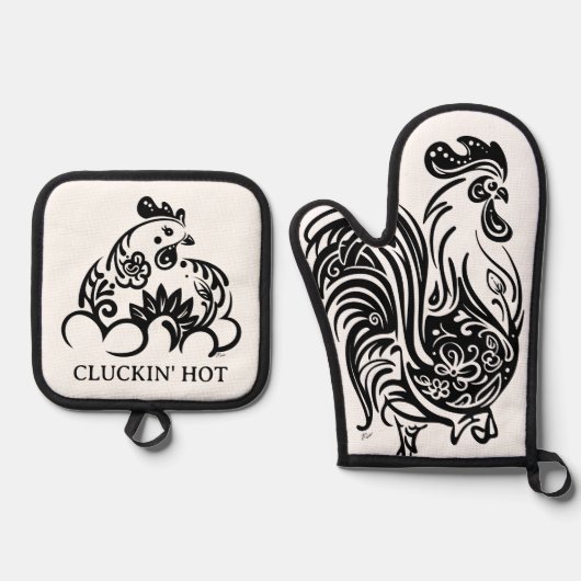 Grappige zwarte en witte kip ovenwant & pannenlap set (Voorkant)