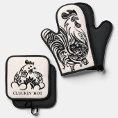 Grappige zwarte en witte kip ovenwant & pannenlap set (Voorkant / Achterkant)