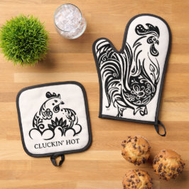 Grappige zwarte en witte kip ovenwant & pannenlap set