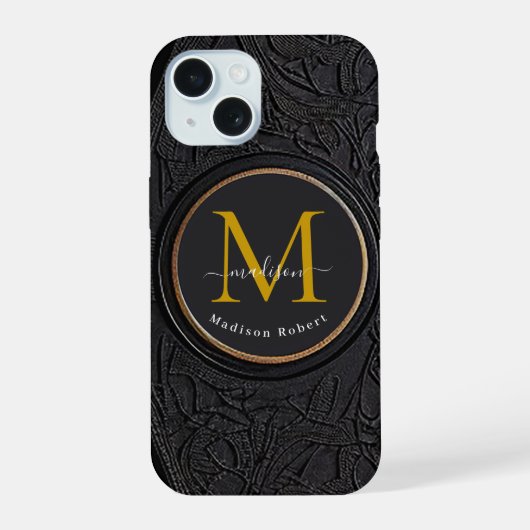 Grappige Zwarte Gouden Luxe Script Monogram Initia iPhone 15 Case (Achterkant)