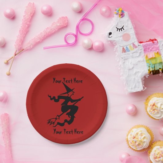 Grappige zwarte heks op vliegende bezemsteel Hallo Papieren Bordje (Feest)