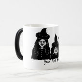 grappige zwarte heksen met een griezelig halloween magische mok (Voorkant links)