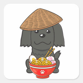 Grappige zwarte hond eet noedels vierkante sticker