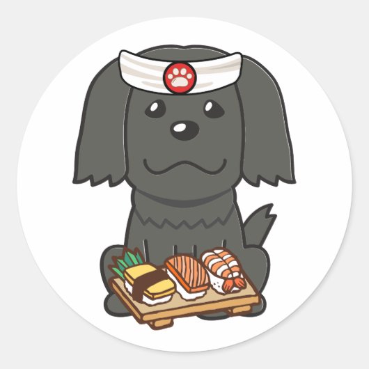 Grappige zwarte hond is een sushi chef ronde sticker (Voorkant)