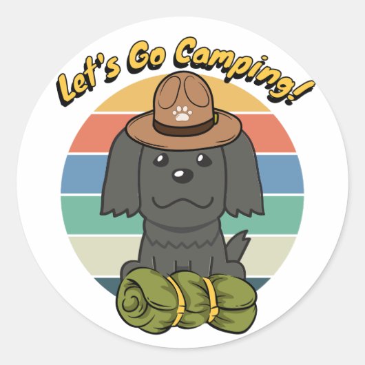 Grappige zwarte hond wil gaan kamperen ronde sticker (Voorkant)