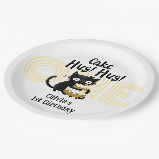 Grappige zwarte kat 1e verjaardag papieren bordje (Gekanteld)
