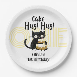 Grappige zwarte kat 1e verjaardag papieren bordje