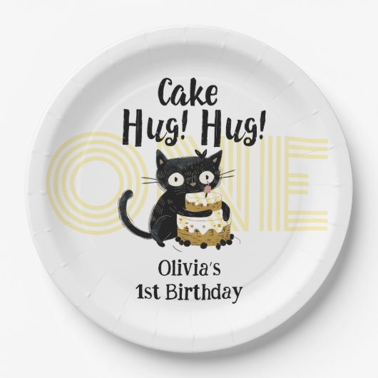 Grappige zwarte kat 1e verjaardag papieren bordje (Voorkant)