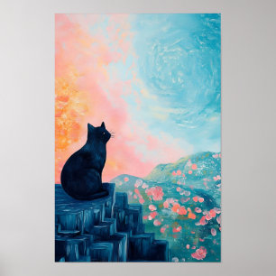 Grappige zwarte kat Banaan en bloemenvaas Poster