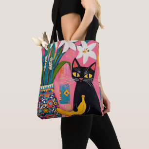 Grappige zwarte kat Banaan en bloemenvaas Tote Bag
