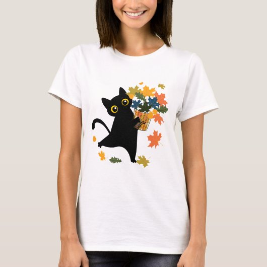 grappige zwarte kat blad val hallo herfst t-shirt (Voorkant)