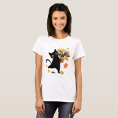 grappige zwarte kat blad val hallo herfst t-shirt (Voorkant volledig)