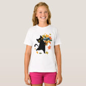 grappige zwarte kat blad val hallo herfst t-shirt (Voorkant volledig)
