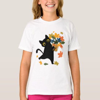 grappige zwarte kat blad val hallo herfst t-shirt