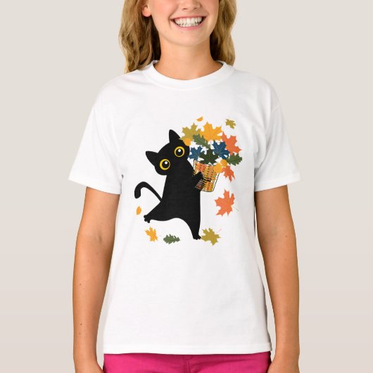 grappige zwarte kat blad val hallo herfst t-shirt (Voorkant)