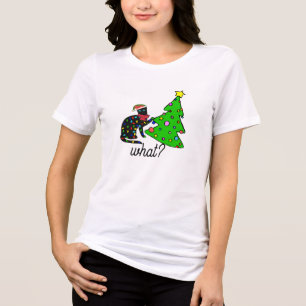 Grappige Zwarte Kat Cadeau dat Kerstboom Omverduwt Tri-Blend Shirt