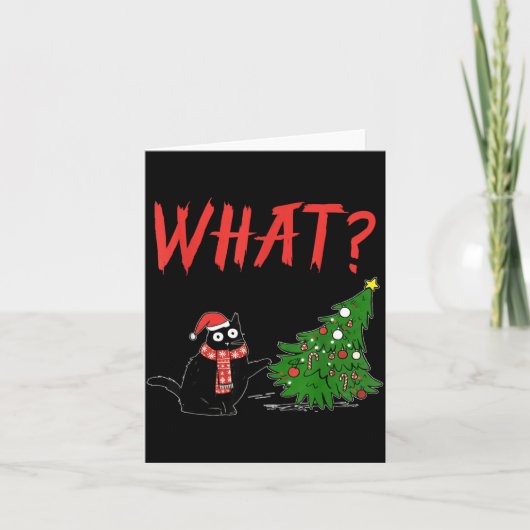 Grappige Zwarte Kat Cadeau duwt Kerstboom Om C Kaart (Voorkant)