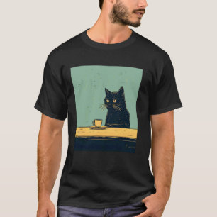 Grappige Zwarte Kat Chillen met Koffie Retro Vinta T-shirt