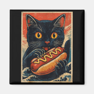 Grappige zwarte kat die hotdog eet retro Japans Magneet