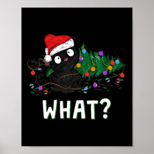 Grappige zwarte kat die kerstboom omver duwt Grafi Poster (Voorkant)