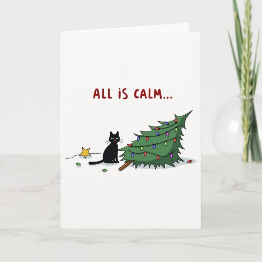 Grappige Zwarte Kat die Kerstboom Omvergooit Kaart (Voorkant)