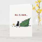 Grappige Zwarte Kat die Kerstboom Omvergooit Kaart (Gele Bloem)