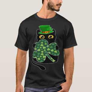 Grappige zwarte kat die klavertje vier vasthoudt S T-shirt