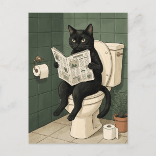 Grappige zwarte kat die krant leest in badkamer briefkaart