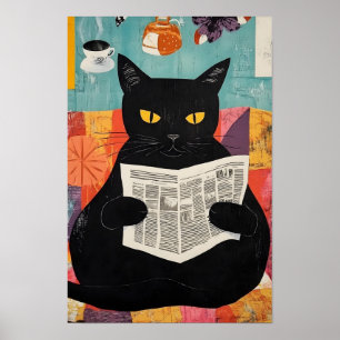 Grappige zwarte kat die krant leest poster