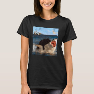 Grappige zwarte kat die op een haai rijdt in een e t-shirt