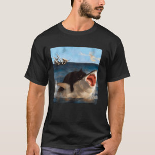 Grappige zwarte kat die op een haai rijdt in episc t-shirt
