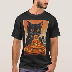 Grappige zwarte kat die pizza eet retro Japans T-shirt