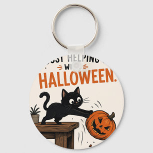 Grappige Zwarte Kat die Pompoen omver gooit Hallow Sleutelhanger