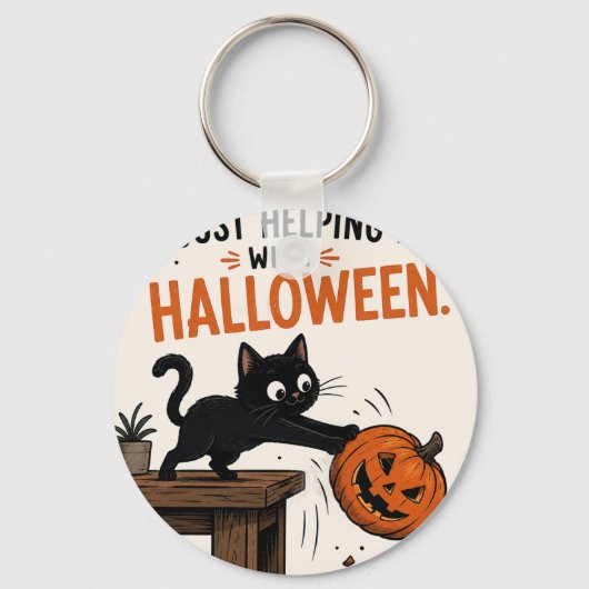 Grappige Zwarte Kat die Pompoen omver gooit Hallow Sleutelhanger (Voorkant)