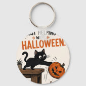 Grappige Zwarte Kat die Pompoen omver gooit Hallow Sleutelhanger (Achterkant)
