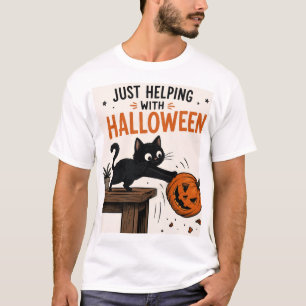 Grappige Zwarte Kat die Pompoen omver gooit Hallow T-shirt