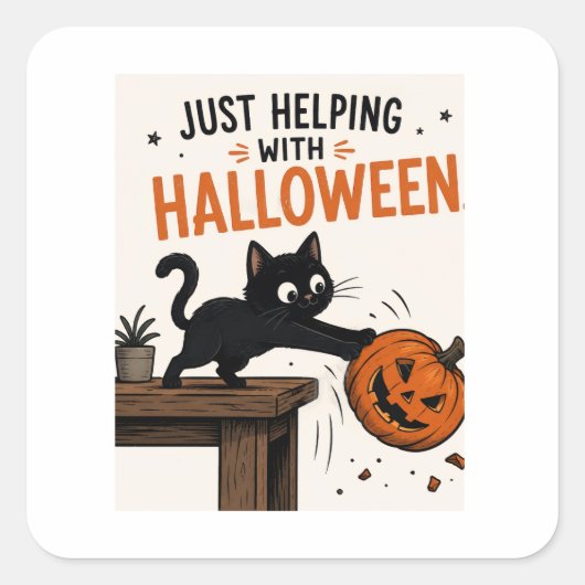 Grappige Zwarte Kat die Pompoen omver gooit Hallow Vierkante Sticker (Voorkant)