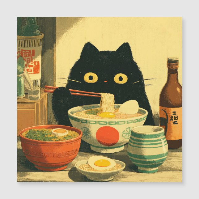 Grappige zwarte kat die ramen eet (Voorkant)