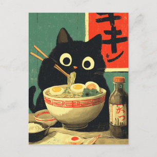 Grappige zwarte kat die ramen eet briefkaart