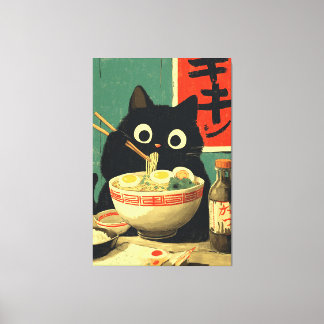 Grappige zwarte kat die ramen eet canvas afdruk